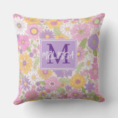 Coussin Filles Rétro Floral Monogramme Script Nom Accent (Verso)