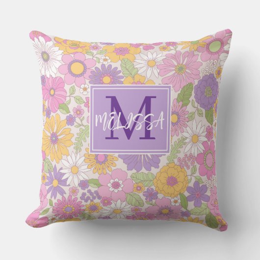 Coussin Filles Rétro Floral Monogramme Script Nom Accent (Recto)