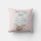 Coussin Filles rose couchage Sloth Birth Stats Nursery (Recto)