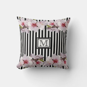 Coussin Fils de cerisier rose en bandes noires monogramme