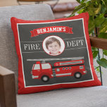 Coussin Fire Truck Firefighter Custom Photo Nom Kids Room<br><div class="desc">Personnalisez ce coussin carré mignon avec le nom de votre enfant et la photo pour créer votre propre coussin personnalisé de chambre pour garçons.</div>