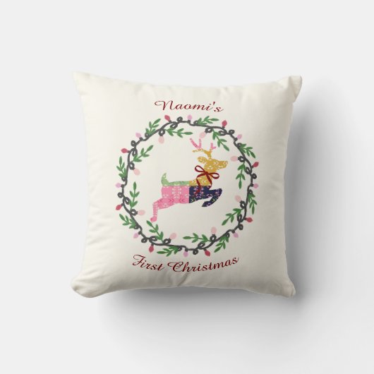 Coussin First Christmas Deer with Wreath Customize (Recto)
