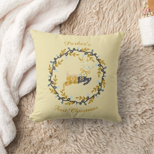 Coussin First Christmas Deer with Wreath Yellow (Couverture)