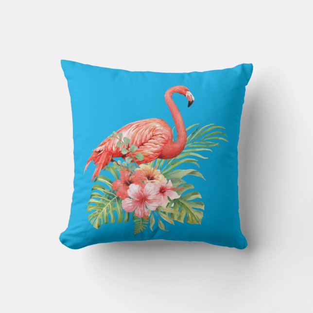 Coussin Flamant rose aquarelle et fleurs d'Hibiscus (Recto)