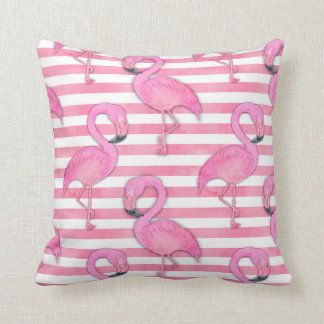 Coussin Flamant rose d'aquarelle sur les rayures roses