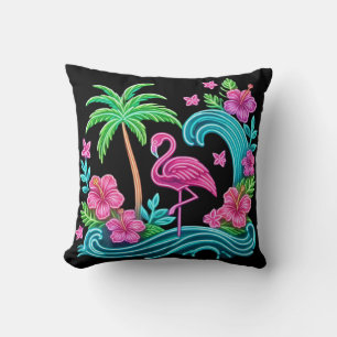 Coussin Flamant rose de néon tropical