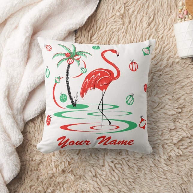 Coussin Flamant rose de Noël rouge Nom carré à dos vert (Couverture)