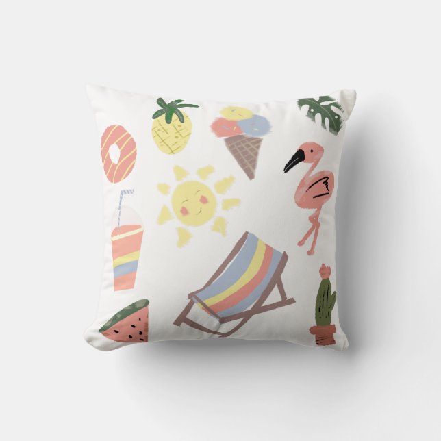Coussin Flamant Rose Dessins à la Main pour l'Été (Recto)