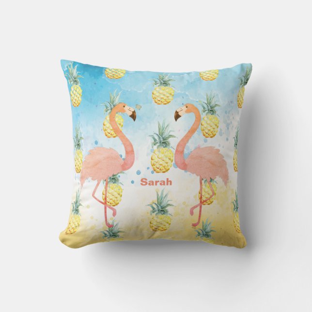 Coussin Flamant rose doux et ananas (Recto)