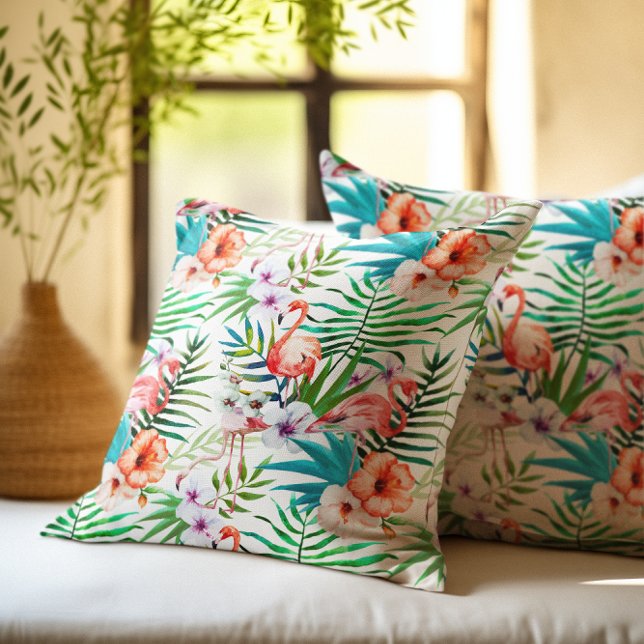 Coussin Flamant rose du Paradis tropical Fleurs Feuilles (Créateur téléchargé)