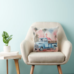 Coussin Flamant rose En Camion Bleu Rétro