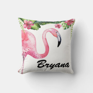 Coussin Flamant rose et hibiscus floral tropical d'été