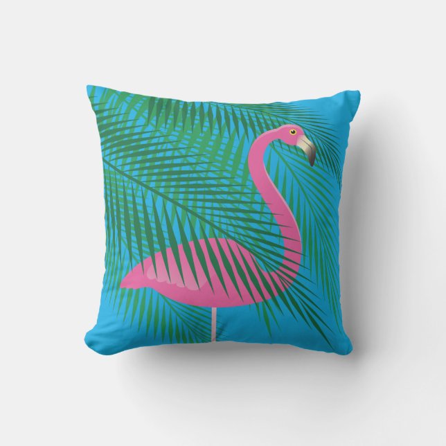 Coussin Flamant rose et palmettes tropicaux sur le bleu - (Recto)