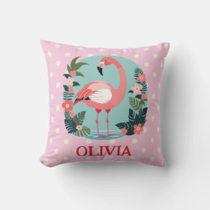 Coussin Flamant Rose Floral Mignon avec des Points Polka