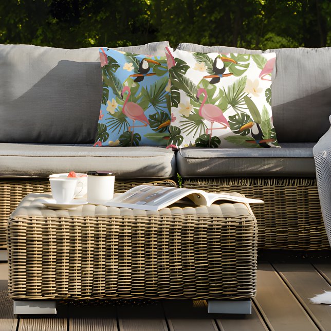 Coussin Flamant rose floral tropical Toucan Été (Créateur téléchargé)