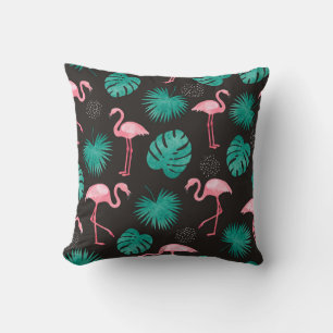 Coussin Flamant rose, palmiers feuilles : aquarelle tropic