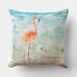 Coussin Flamant rose rose aquarelle personnalisé | Plage t