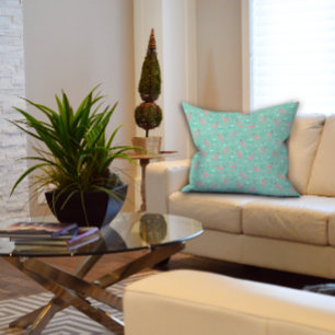 Coussin Flamant rose rose mignon motif turquoise