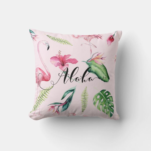 Coussin Flamant rose rose Tropical Aloha Hibiscus été (Recto)