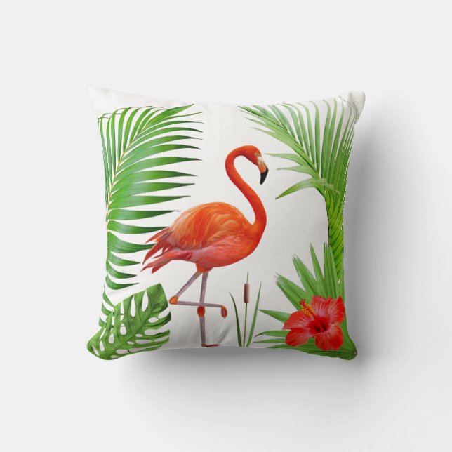 Coussin Flamant rose rouge, hibiscus et feuilles de palmie (Recto)