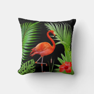 Coussin Flamant rose rouge, hibiscus et feuilles de palmie