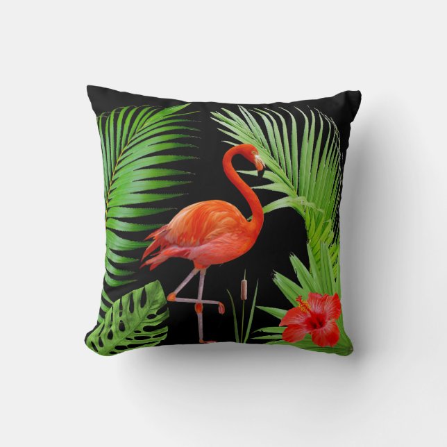 Coussin Flamant rose rouge, hibiscus et feuilles de palmie (Recto)