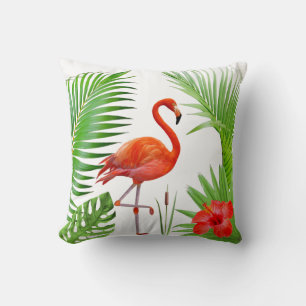 Coussin Flamant rose rouge, Hibiscus & Palm Tropical Feuil