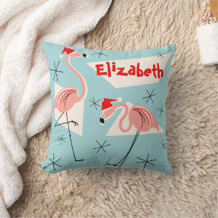 Coussin Flamant rose Santas carré de nom bleu