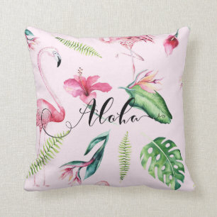 Coussin Flamant Rose Tropical Aloha Hibiscus Eté