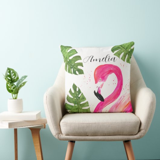 Coussin Flamant rose tropical Palmier rose Feuille Oiseau  (Chaise)