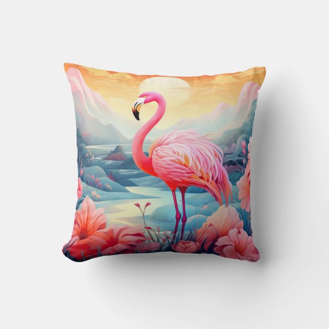 Coussin Flamant Tropical avec Fleurs (Recto)