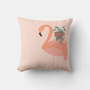 Coussin Flamant Tropical avec Plante en Pot Dessinée à la 