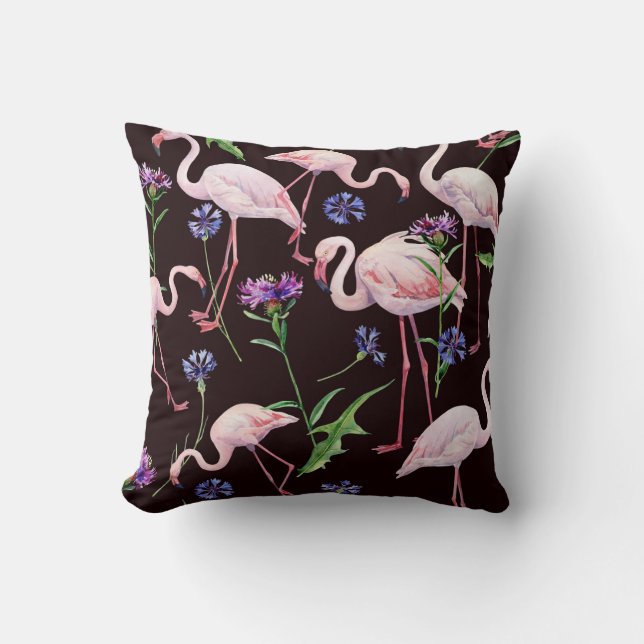 Coussin Flamants d'aquarelle et fleurs sauvages motif. (Recto)