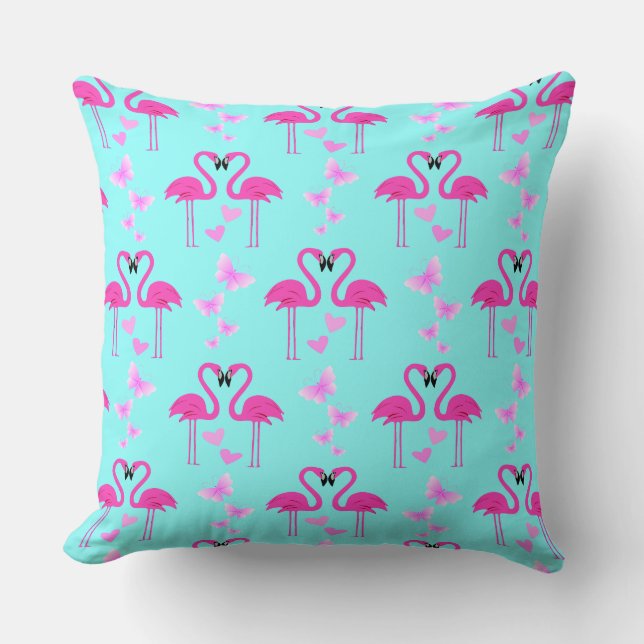 Coussin Flamants roses d'amour rose en Cyan (Recto)