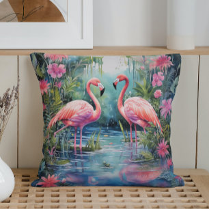 Coussin Flamants Roses d'Été à l'Aquarelle