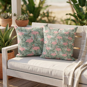 Coussin Flamants roses élégants Motif de feuilles de palmi