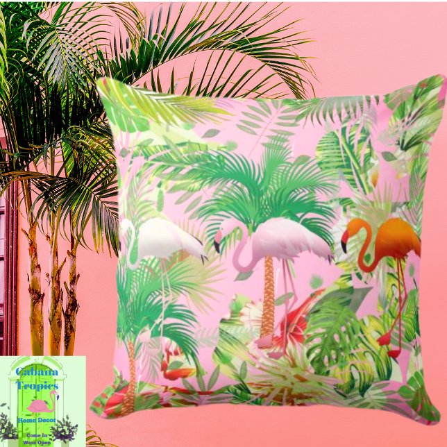 Coussin Flamants roses en scène tropicale Jeu d'oreiller (Créateur téléchargé)