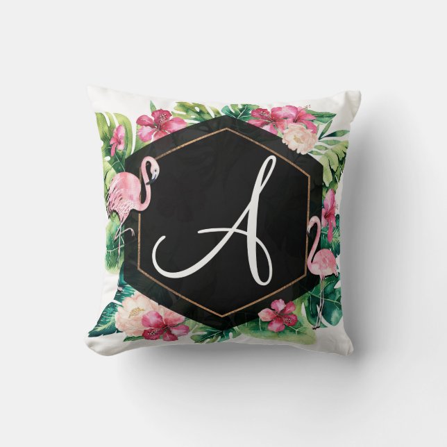 Coussin Flamants Roses Feuilles Tropicales Hibiscus Été Ch (Recto)