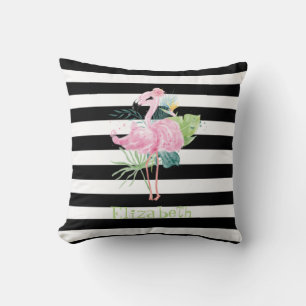 Coussin Flamants roses, Feuilles tropicales Rayures noires
