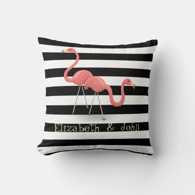 Coussin Flamants roses mignons, noir, bandes blanches Pers (Recto)