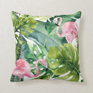 Coussin Flamants roses roses et palme tropicale Feuilles