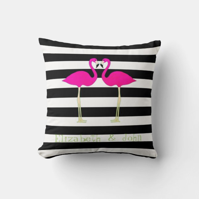 Coussin Flamants roses roses, noirs, bandes blanches Perso (Recto)