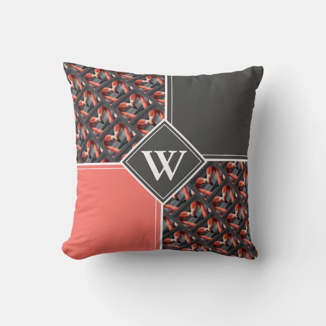 Coussin FLAMINGO Monogramme personnalisé Corail Gris (Recto)