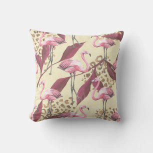 Coussin Flamingo rose tropical, motif léopard.