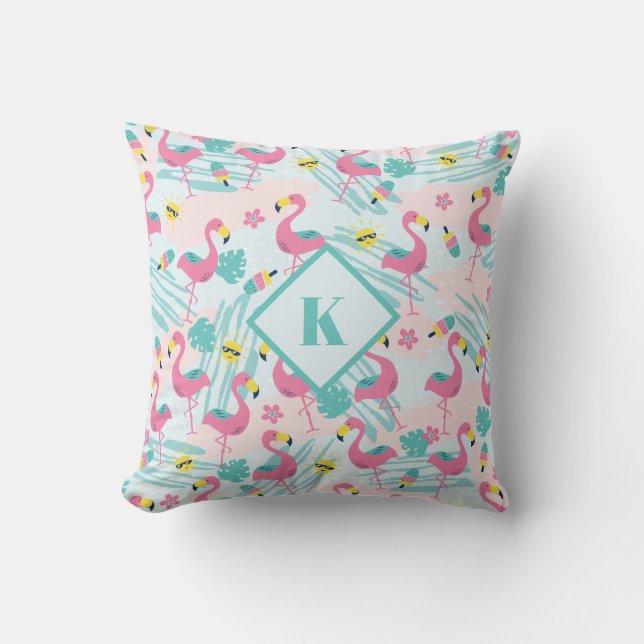 Coussin Flamingo Vert Menthe Motif Tropical Monogramme (Recto)