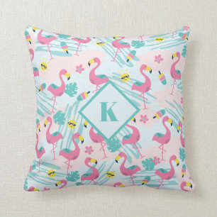 Coussin Flamingo Vert Menthe Motif Tropical Monogramme