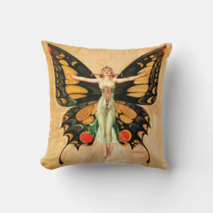Coussin Flapper Butterfly Flying Woman Illustration