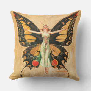 Coussin Flapper Butterfly Flying Woman Illustration
