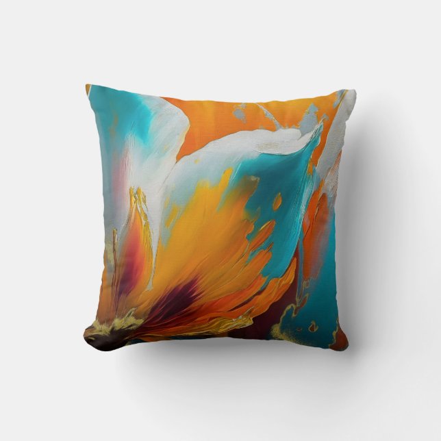 Coussin Fleur abstraite en orange et sarcelle (Recto)
