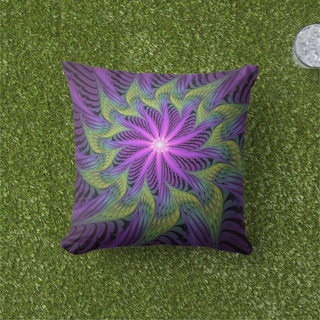 Coussin Fleur Abstraite Moderne de Fractale d'Art Violet V (Herbe)